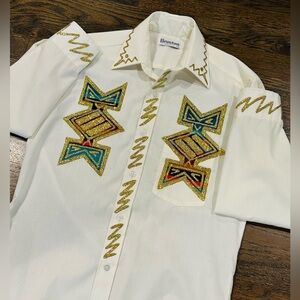 Vintage Bruxton Glitter Western Shirt Made in USA Cream Geometric Rodeo Top 14